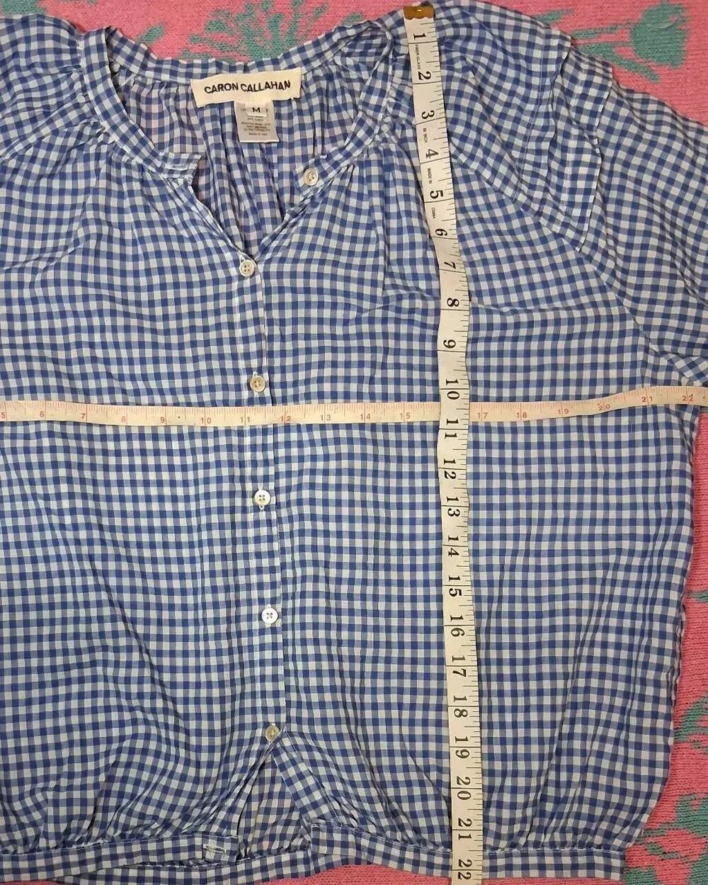 Caron Callahan womens medium cobalt blue gingham shirt tencel cotton peasant top - Picture 2 of 8
